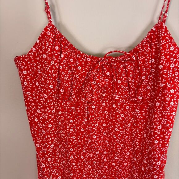 Zara Red with White Floral Print Midi Dress with Slit Side Size Medium - Picture 5 of 9